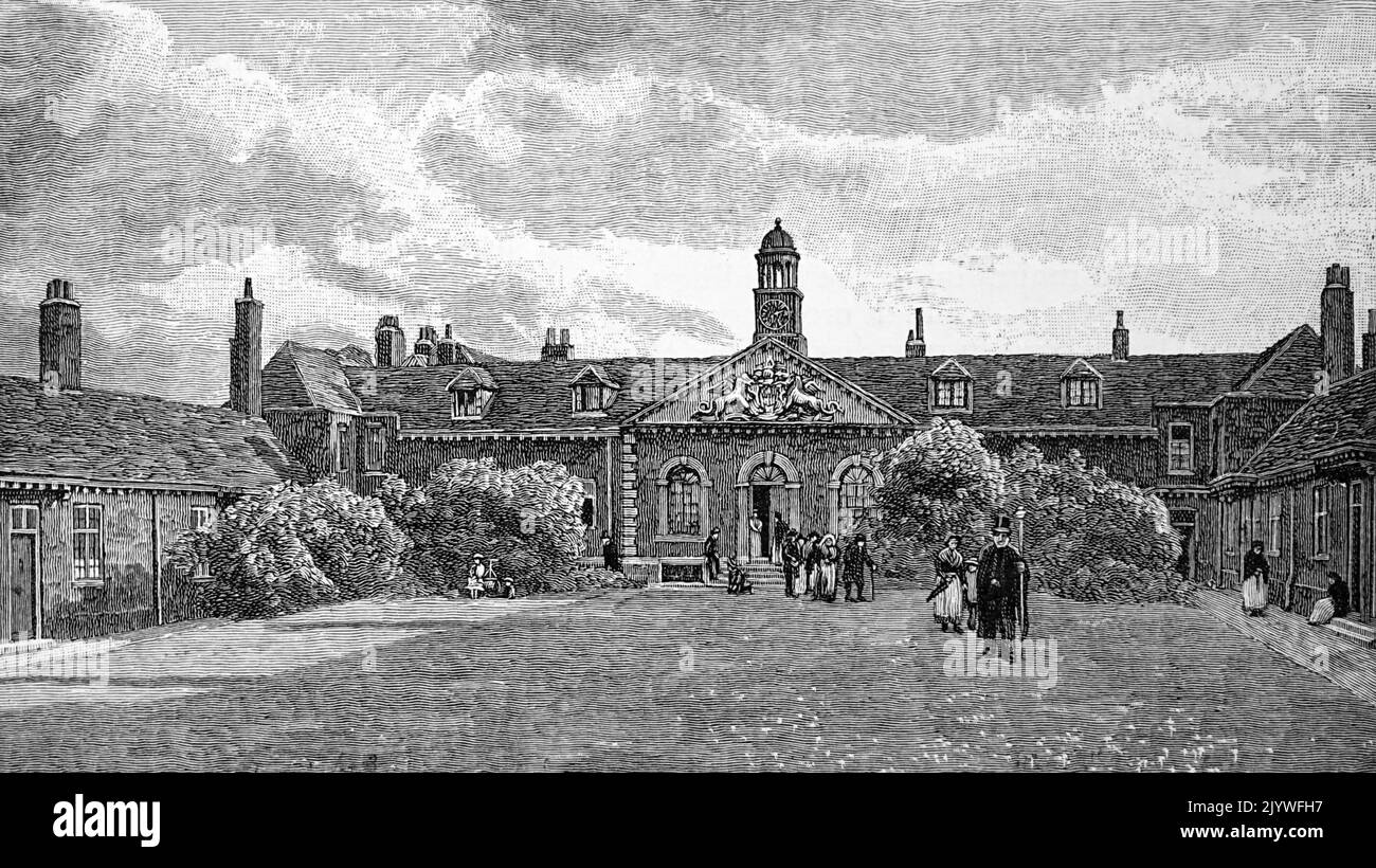 Abbildung der Außenansicht des Emanuel Hospitals auf der Toothill-Seite in Westminster. Datiert aus dem 19.. Jahrhundert Stockfoto