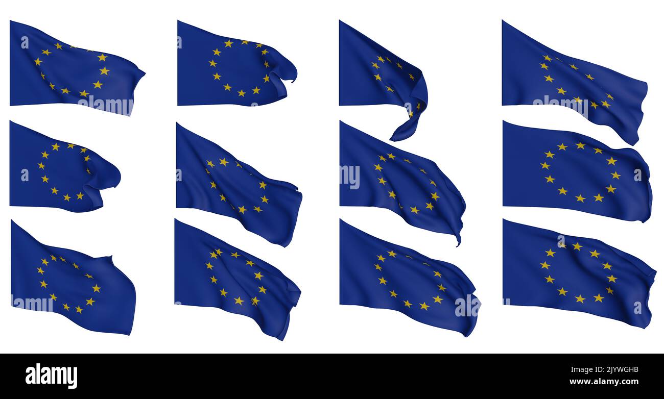 Europaflagge, Europa Flaggen Sammlung, Flaggen unterschiedlicher Form 12 Flagge 3D auf transparentem Hintergrund isoliert, 3D Arbeit und 3D Bild gesetzt Stockfoto