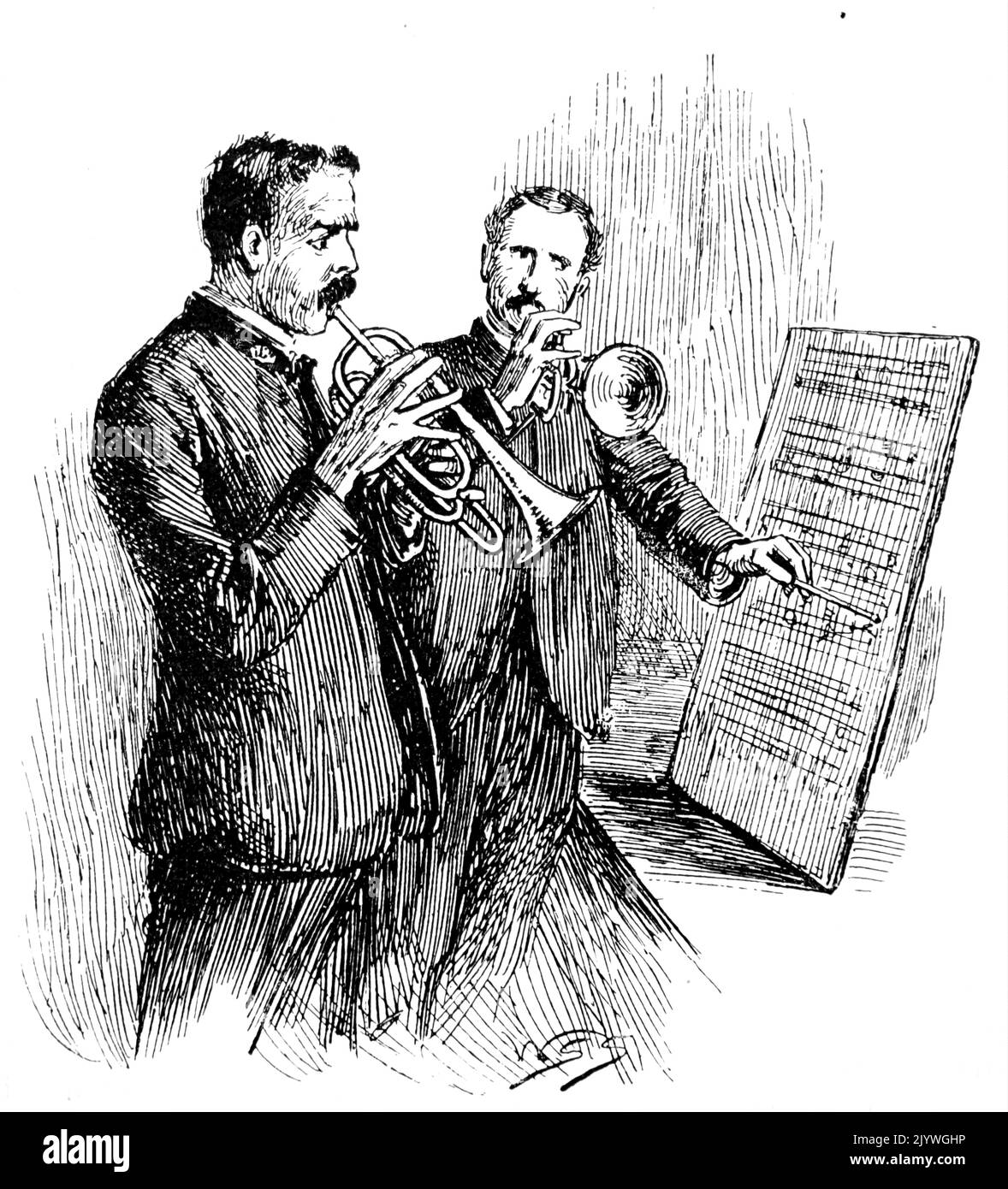 Abbildung einer zwei Männer, die Noten lesen und Trompete spielen. Datiert aus dem 19.. Jahrhundert Stockfoto