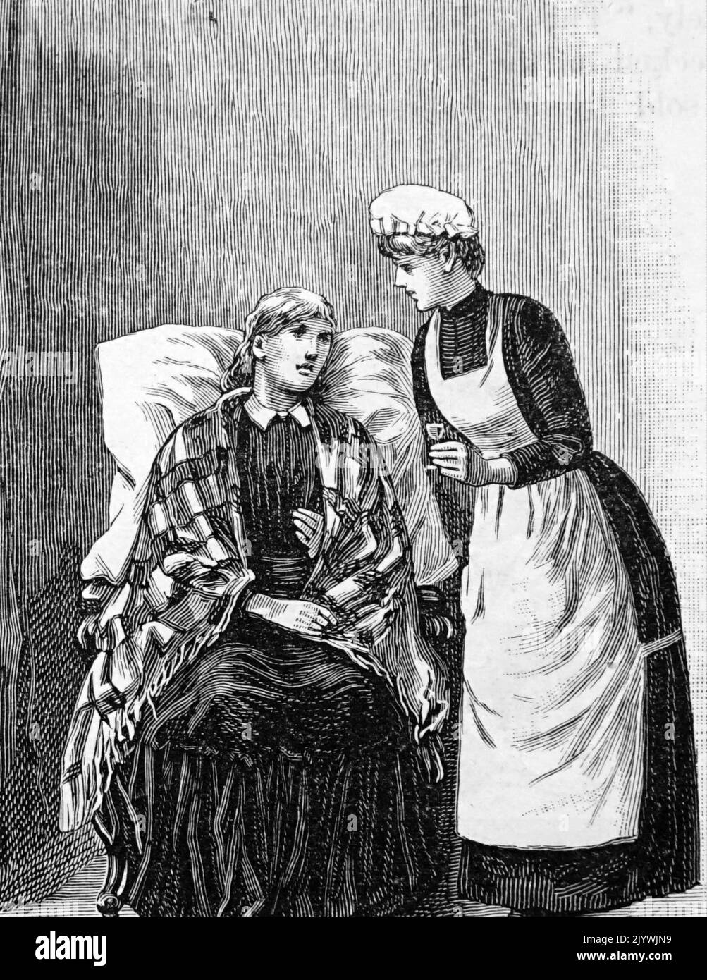 Abbildung einer Szene in einer Krankenstation, in der eine Krankenschwester einer kranken Frau Medikamente gibt. Datiert aus dem 19.. Jahrhundert Stockfoto