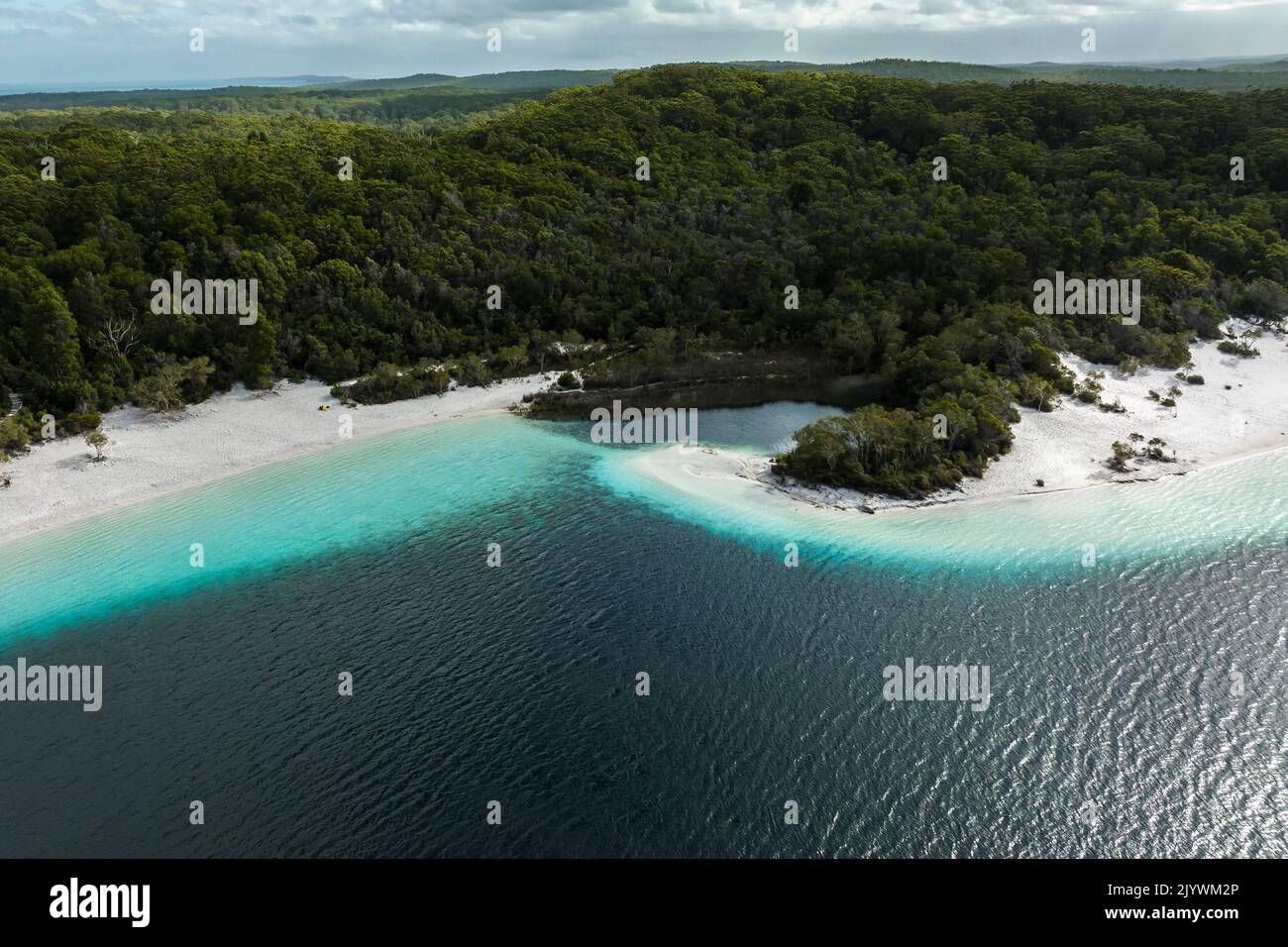 Drohnenaufnahme des Lake McKenzie auf Fraser Island Stockfoto