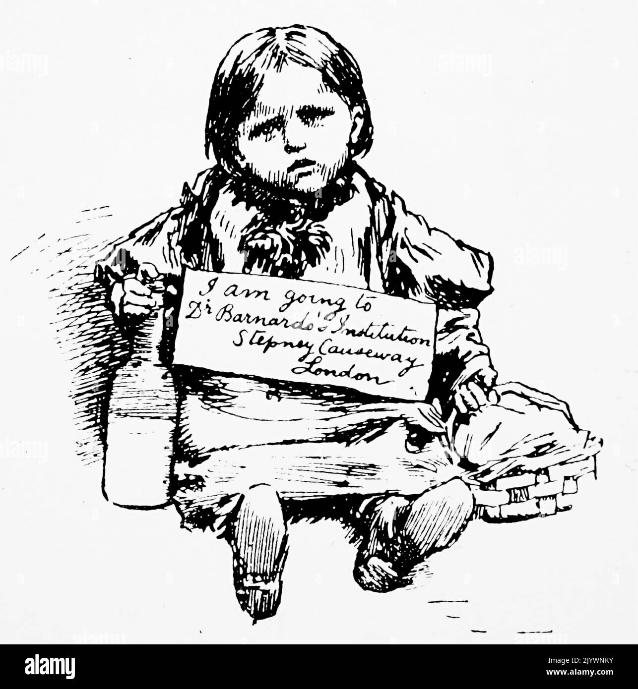 Karikatur, in der ein Kind in das Kinderheim von Dr. Barnardo in Stepney geschickt wird. Datiert aus dem 19.. Jahrhundert Stockfoto