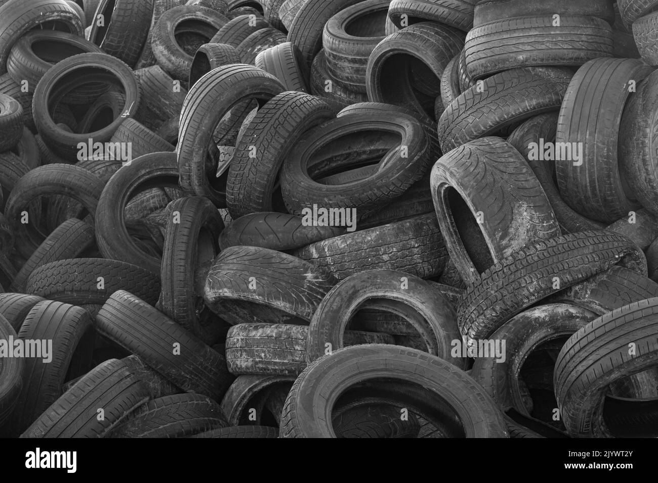 Deponie mit alten Reifen und Reifen zum Recycling. Wiederverwendung von Altgummireifen. Entsorgung gebrauchter Reifen. Gebrauchte Räder zum Recycling. Stockfoto