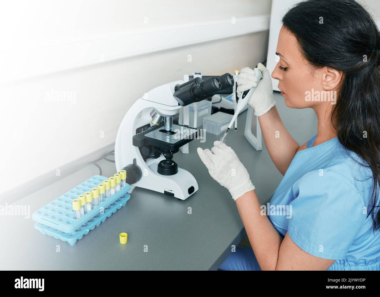 Laborwissenschaftler, der im Labor mit Mikropipette, Reagenzgläsern und modernem Mikroskop arbeitet. Laborforschung, Mikrobiologie Stockfoto
