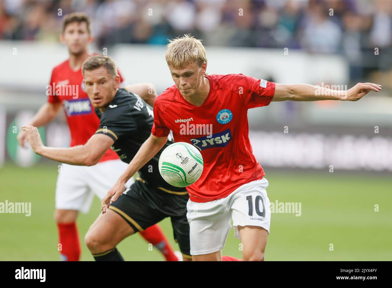 Silkeborgs Soren Tengstedt in Aktion während eines Fußballspiels zwischen dem belgischen RSC Anderlecht und dem dänischen Silkeborg IF, Donnerstag, 08. September 2022, in Anderlecht, am Eröffnungstag der Gruppenphase des UEFA Conference League-Wettbewerbs. BELGA FOTO BRUNO FAHY Stockfoto