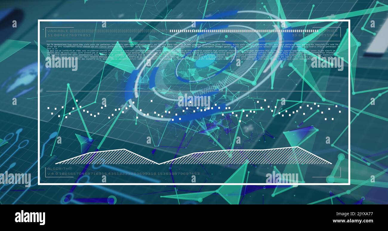 Bild von digitalen Kreisen, Punkten, die mit Linien verbunden sind, und Programmiercodes, die sich auf Bildschirmen bewegen Stockfoto