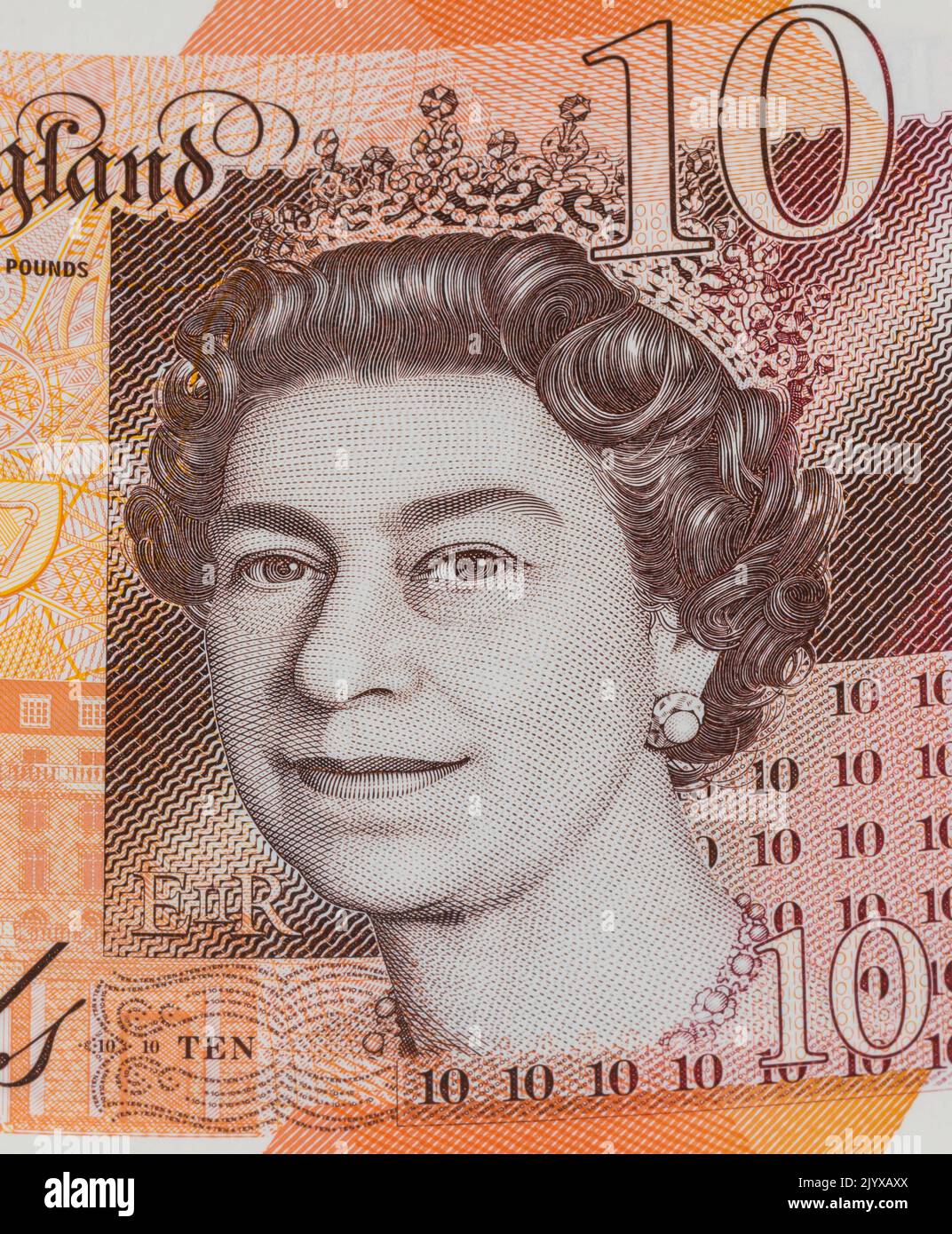 Porträt von Queen Elizabeth 10 zehn-Pfund-Banknote des vereinigten Königreichs 2004; Sterling-Pfund-Banknote von zehn Pfund in britischer Währung; inf Stockfoto