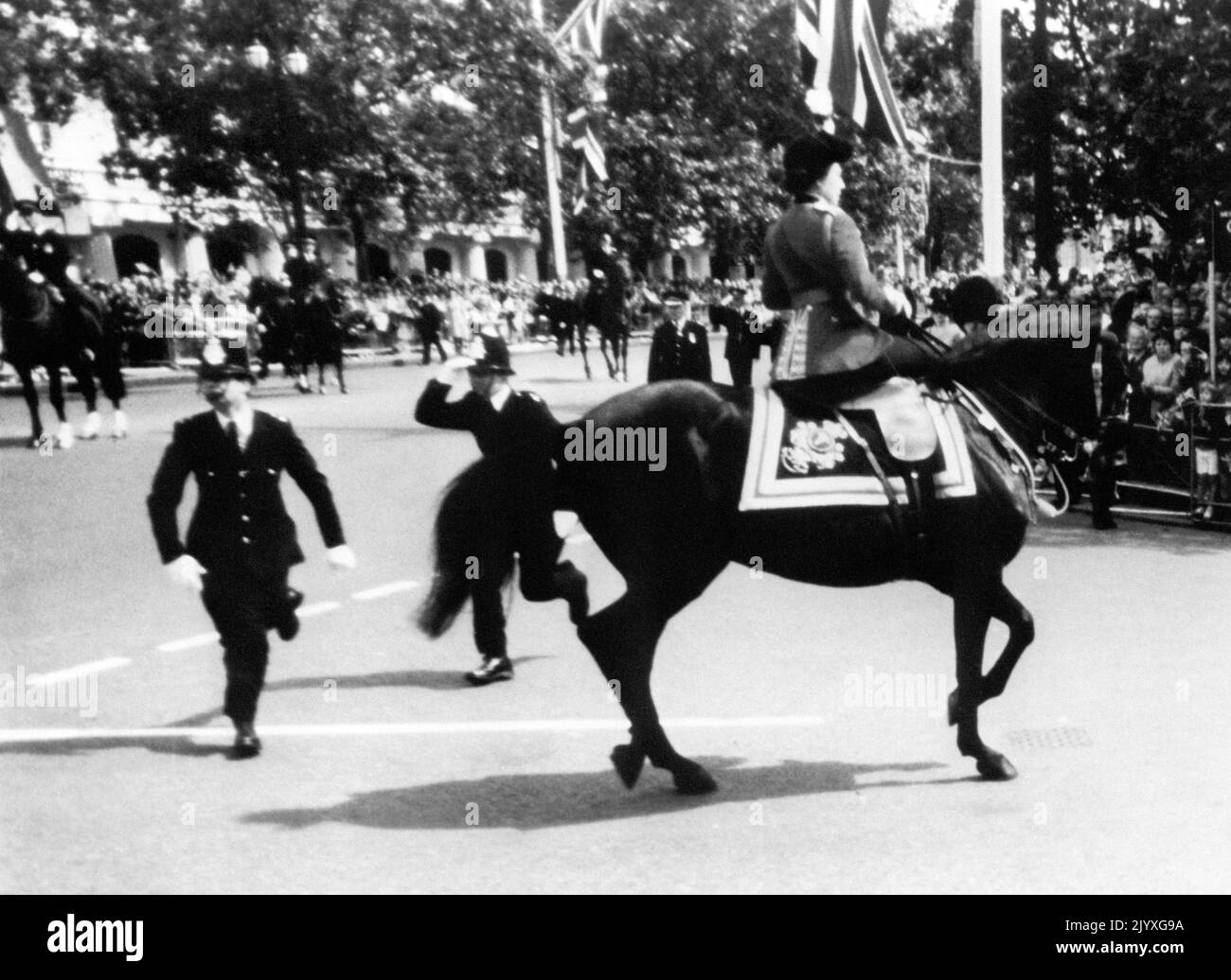 Aktenfoto vom 13/6/1981 von Königin Elizabeth II., die ihr Pferd Burma beruhigt, während ein Polizist zum Einsatz kommt, nachdem Schüsse gehört wurden, als sie die Mall hinunter ritt. Pferde, wie Hunde, waren die lebenslange Liebe der Königin und sie hatte ein unglaubliches Wissen über Zucht und Blutslinien. Ob es nun Vollblutrennen oder Ponys waren, sie zeigte ein unfehlbare Interesse. Ausgabedatum: Donnerstag, 8. September 2022. Stockfoto