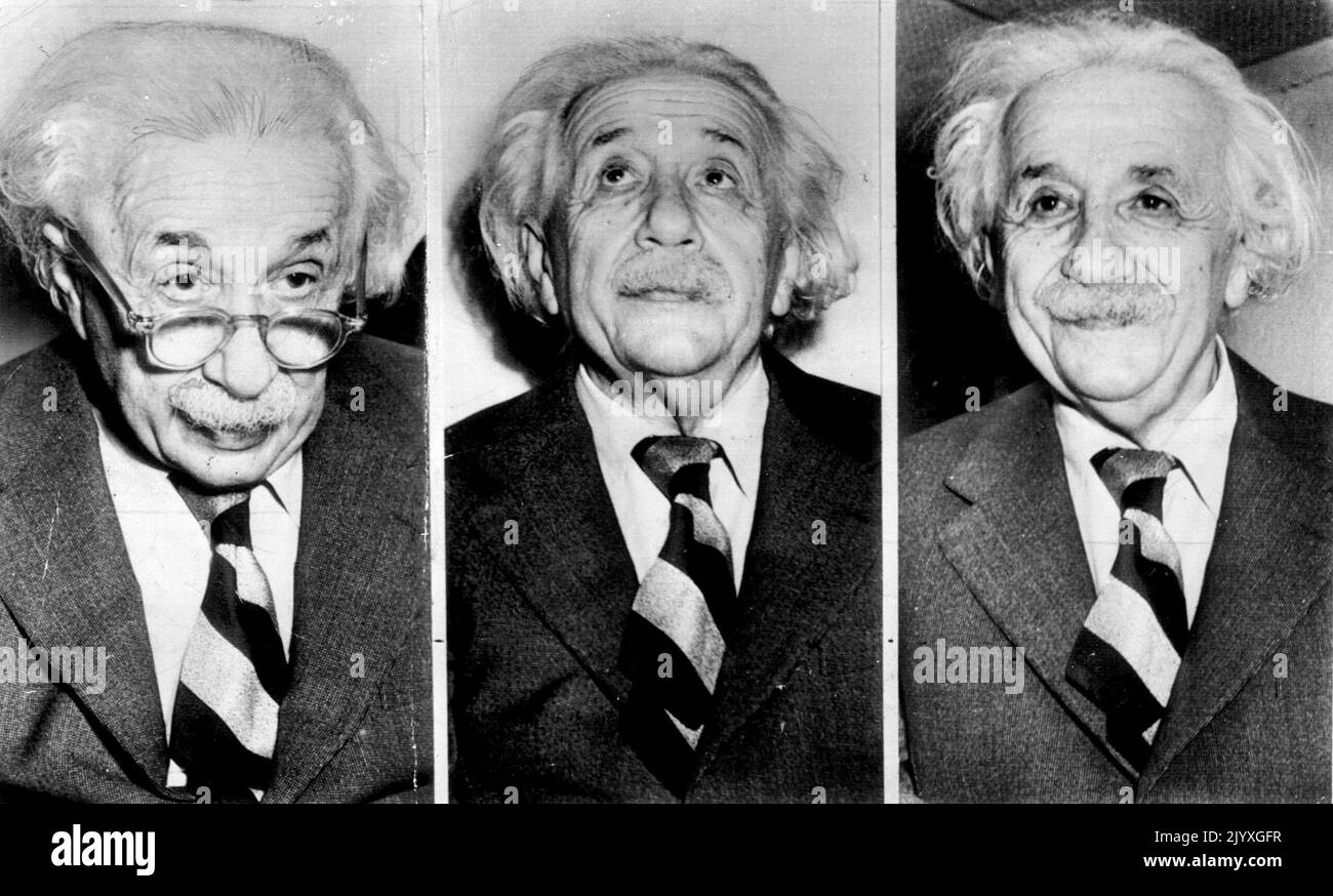 „Herr Science' erklärt über neue Theorie -- Weißhaariger Prof. Albert Einstein, Vater der Relativität und 'Mr. Wissenschaft' zu vielen Menschen der Welt, ist in drei Posen bei der heutigen Pressekonferenz hier gezeigt, wo er sprach von seiner neuen Theorie, die würde, in mathematischen Gleichungen, erklären alle physikalischen Gesetze -- Von dem, was in der Geheimhaltung innerhalb der Atome vor sich geht, zum Geheimnis des grenzenlosen Raums und aller Sterne. 15. März 1953. (Foto von AP Wirephoto). Stockfoto