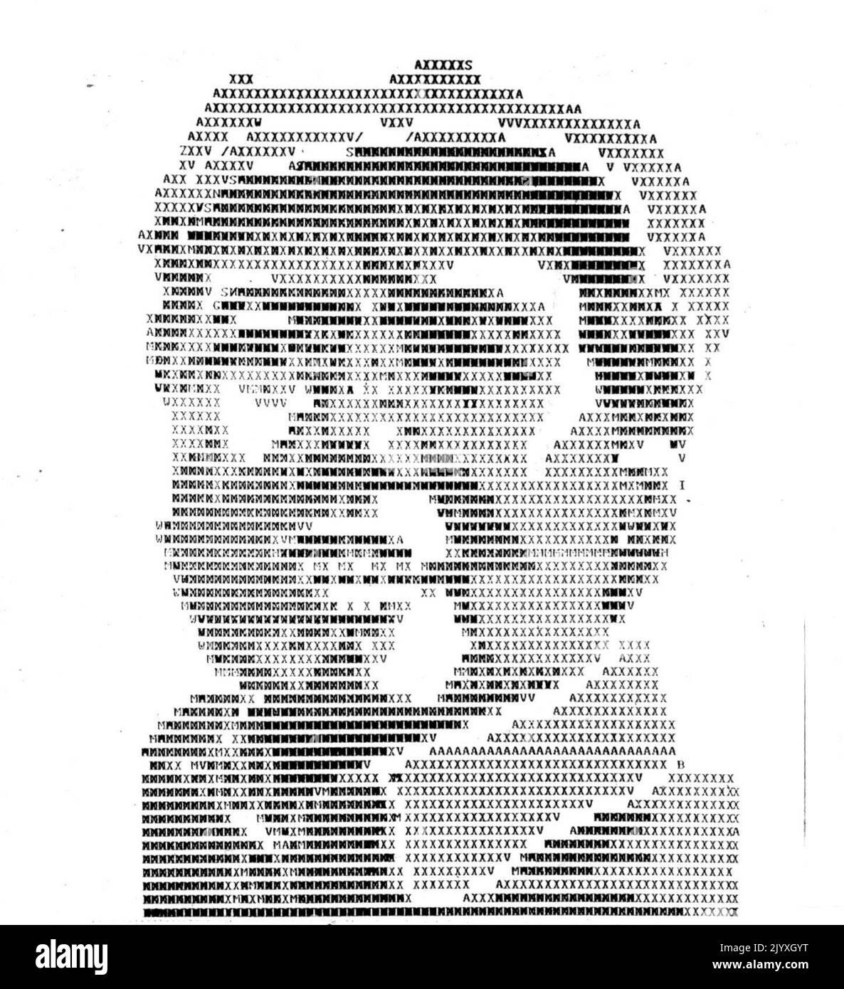 Kommunistische Kunst - RCA öffnete seine Radiotelypenkreislauf zu kommunistisch Held Shnaghai, China heute für Handelsgeschäfte wie üblich und das ist, was empfangen wurde. Es ist ein Bild, das mit Buchstaben auf einer Fernschreibemaschine gemacht wurde und zeigt Mao Tze-tung, Chinas Nummer eins Kommunist. Zu Beginn der Sendezeit sagte das vom kommunistischen Regime kontrollierte Shanghai-Radio „Hier ein Bild von Mao Tze Tung an alle ausländischen Freunde“ und schloss mit „das obige Bild ist der Führer unserer neuen Republik China, Prinzip Mao Tze Tung“. 28. Dezember 1949. (Foto von AP Wirephoto). Stockfoto