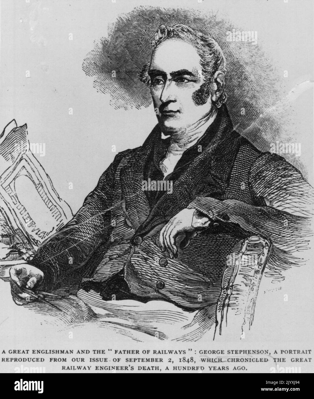 Ein großer Engländer und der "Vater der Eisenbahn": George Stephenson, ein Porträt, das aus unserer Ausgabe vom 2. September 1848, die den Tod des großen Eisenbahningenieurs vor hundert Jahren dokumentiert, reproduziert wurde. 19. November 1948. Stockfoto