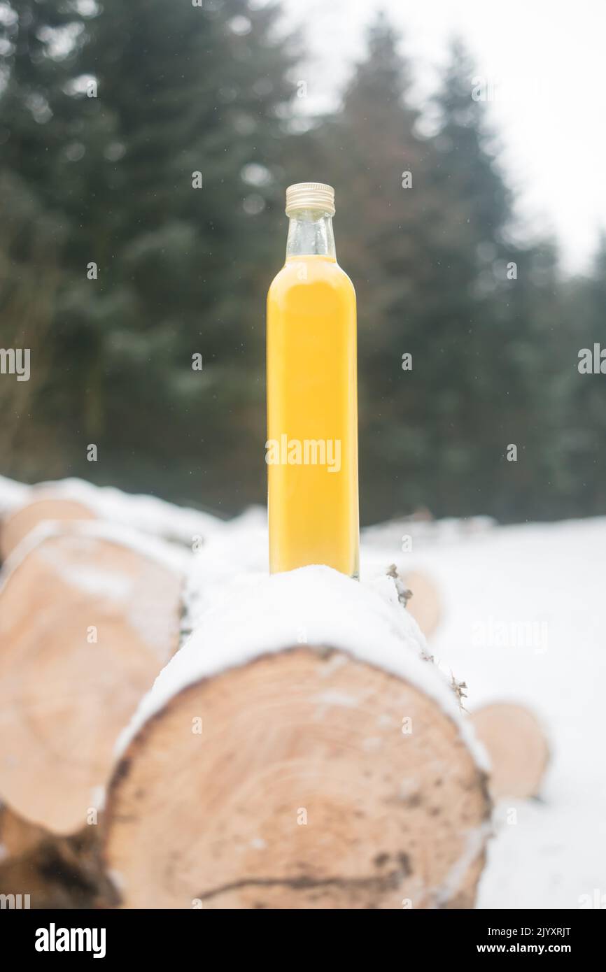 Glasflasche mit gelbem Getränk, Ingwer-Schuss oder Orangensaft wird auf den Baumstamm im Winter schneebedeckten Wald gelegt. Konzept der Immunitätserhöhung. Stockfoto