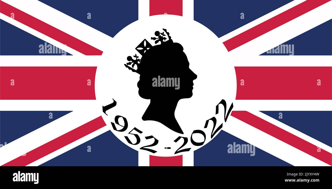 London, London, England 09.08.2022 Todeskönigin Elizabeth Seitenprofil eines jungen Kronjuden auf einer Beerdigung unter britischer Flagge, die 70 Jahre von 1952 bis 2022 regierte Stockfoto