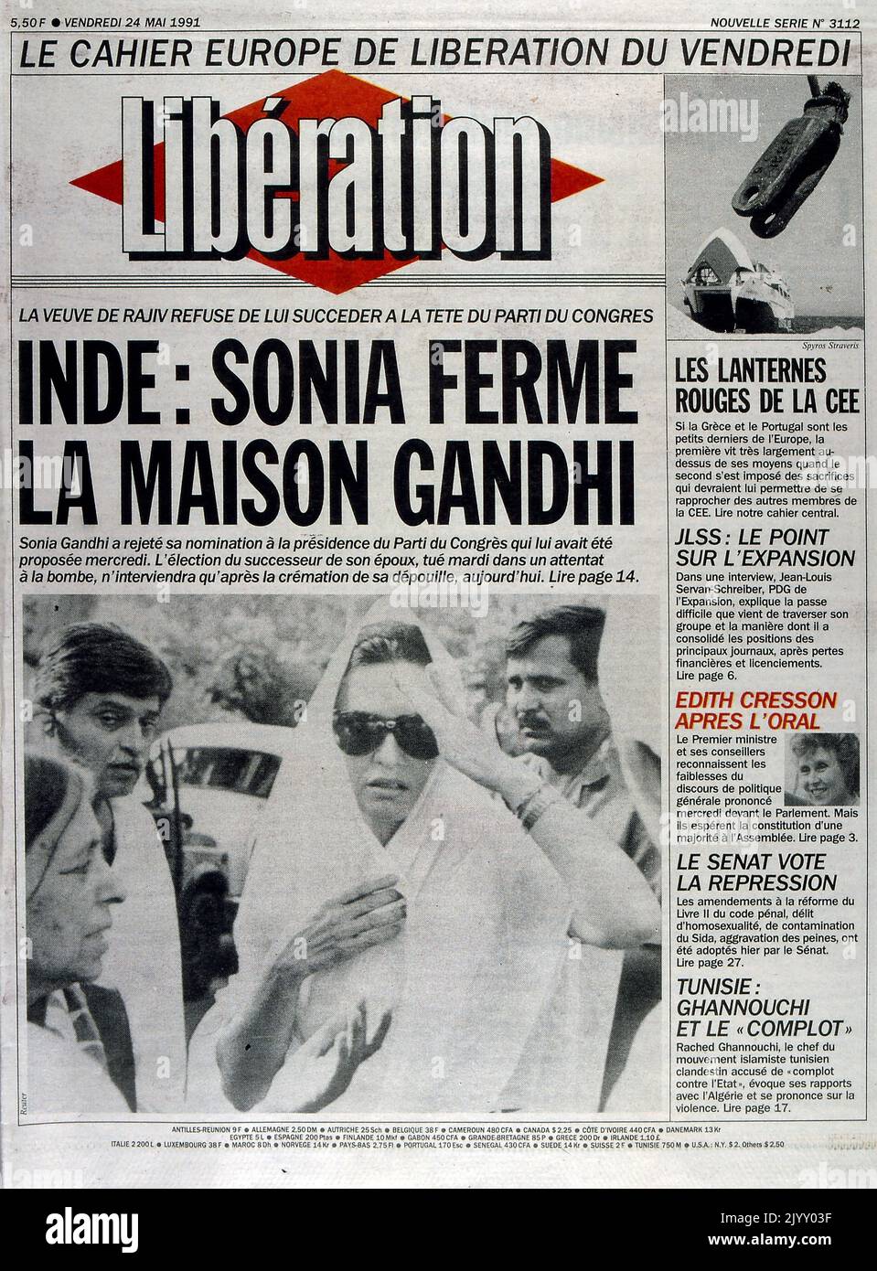 Titelseite von 'Liberation' eine französische Publikation, in der berichtet wird, dass Sonia Gandhi sich weigerte, ihren Mann nach seiner Attentat im Jahr 1991 als Parteivorsitzende des Kongresses zu führen Stockfoto