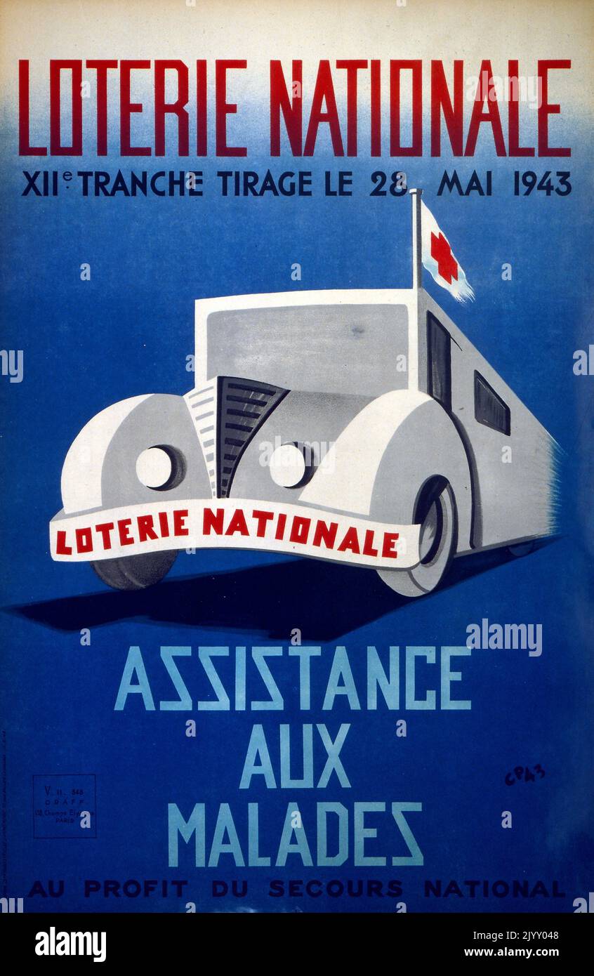 Französisches 'National Lottery' Poster 1945. Hervorhebung einer Kampagne zur Finanzierung von Krankenwagen Stockfoto