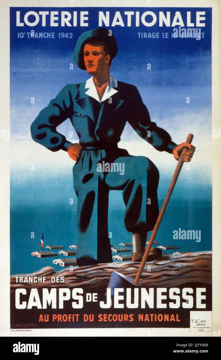 Französisches 'National Lottery'-Poster 1942. Hervorhebung einer Kampagne zur Finanzierung von Jugendlagern während des Zweiten Weltkriegs und der Besetzung Frankreichs. Stockfoto