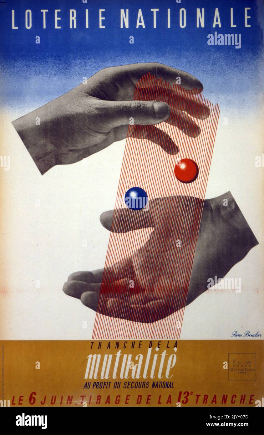 Französisches Plakat zur 'Nationalen Lotterie' 1945. Hervorhebung einer Kampagne zur Finanzierung des öffentlichen Wohlstands Stockfoto