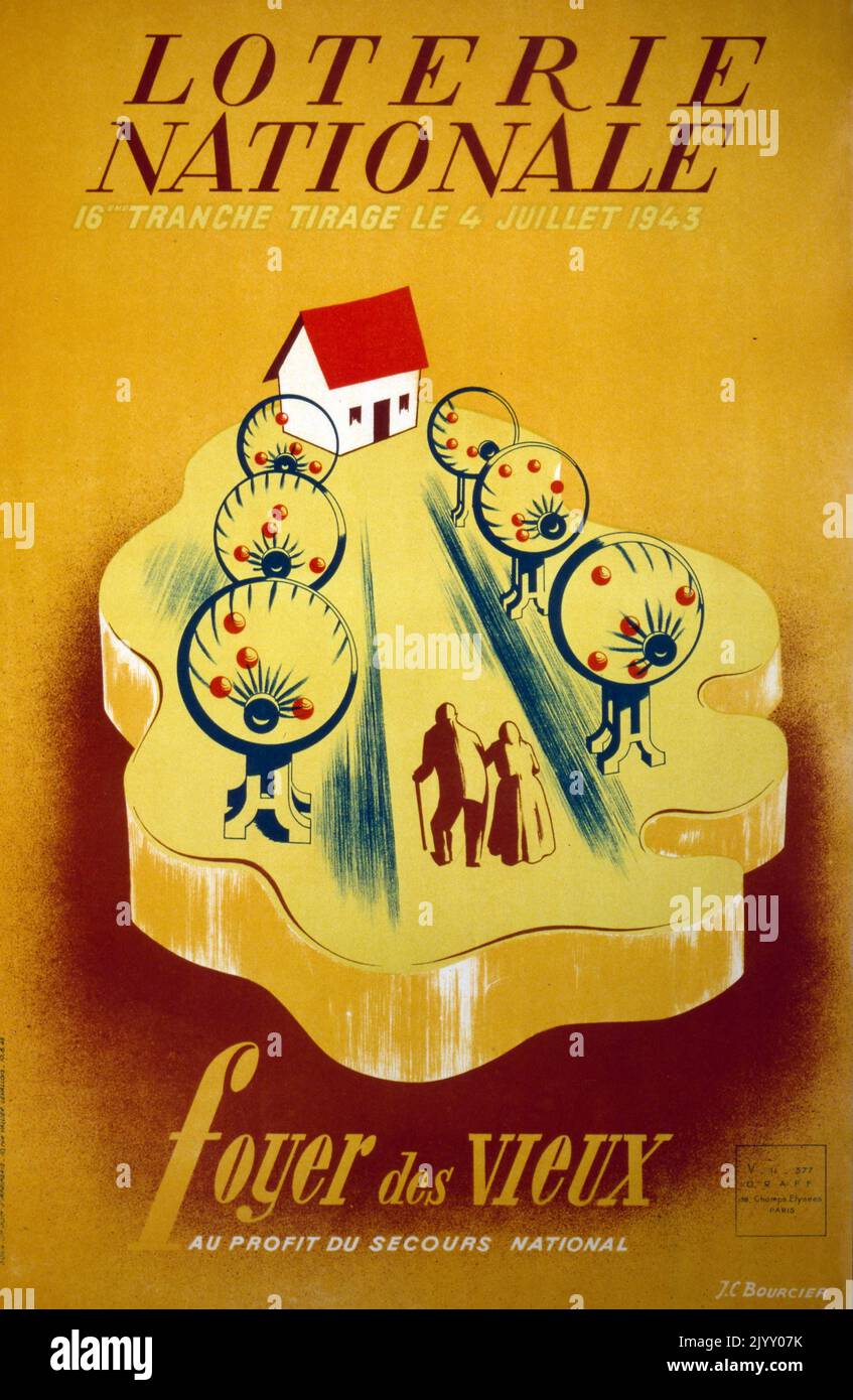 Französisches 'National Lottery'-Poster 1945. Hervorhebung einer Kampagne zur Finanzierung der Altersversorgung nach den Verwüstungen des Zweiten Weltkriegs und der Besetzung Frankreichs. Stockfoto