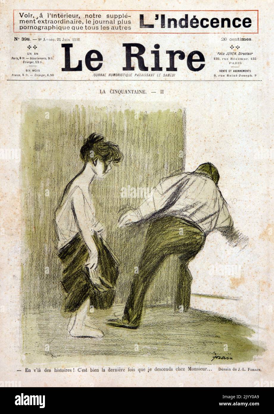Karikatur Illustration, die ein furtives Paar in einer Straße zeigt, von Forain. „Le Rire“-Magazin 1902 Stockfoto