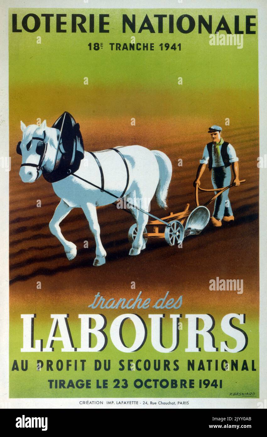 Französisches 'National Lottery' Poster 1941. Während des Zweiten Weltkriegs und der Besetzung Frankreichs. Stockfoto