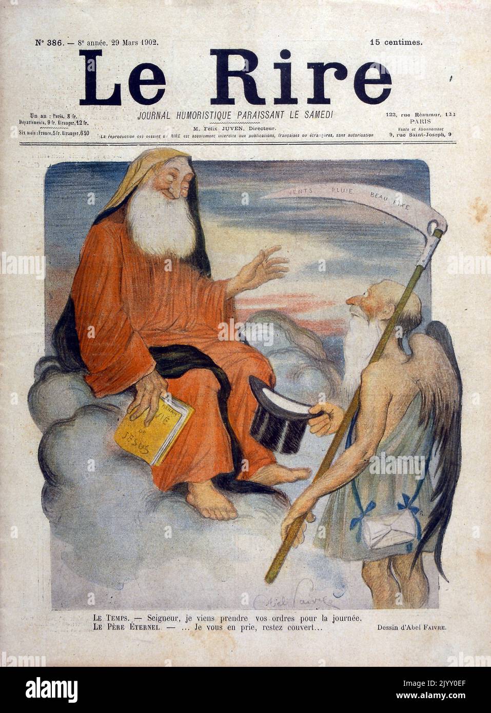 Karikatur Illustration Darstellung Vater Zeit sprechen mit Gott. „Le Rire“-Magazin 1902. Stockfoto