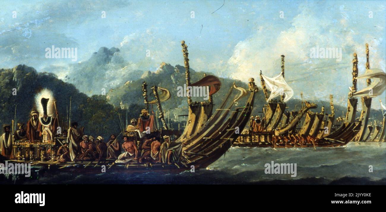James Cooks zweite Reise: Kriegskanus bei Pare, Tahiti, 1774: Gemälde von William Hodges Stockfoto