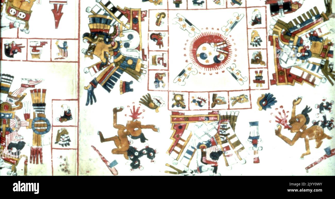 Der Codex Borgia oder Codex Yoalli Ehecatl, eine mesoamerikanische rituelle und divinatorische Handschrift. Es wird allgemein angenommen, dass es vor der spanischen Eroberung Mexikos geschrieben wurde, irgendwo innerhalb des heutigen südlichen oder westlichen Puebla. Der Codex besteht aus Tierfellen, die in 39 Blatt gefaltet sind. Der Codex wird von rechts nach links gelesen. Der Codex Borgia enthält achtzehn Seiten einer astronomischen Erzählung, die die einjährige Veränderung der Regen- und Trockenzeit zeigt. Der Codex Borgia ist nach dem italienischen Kardinal Stefano Borgia benannt, der ihn vor dem Erwerb durch die Vatikanische Bibliothek besaß. Stockfoto