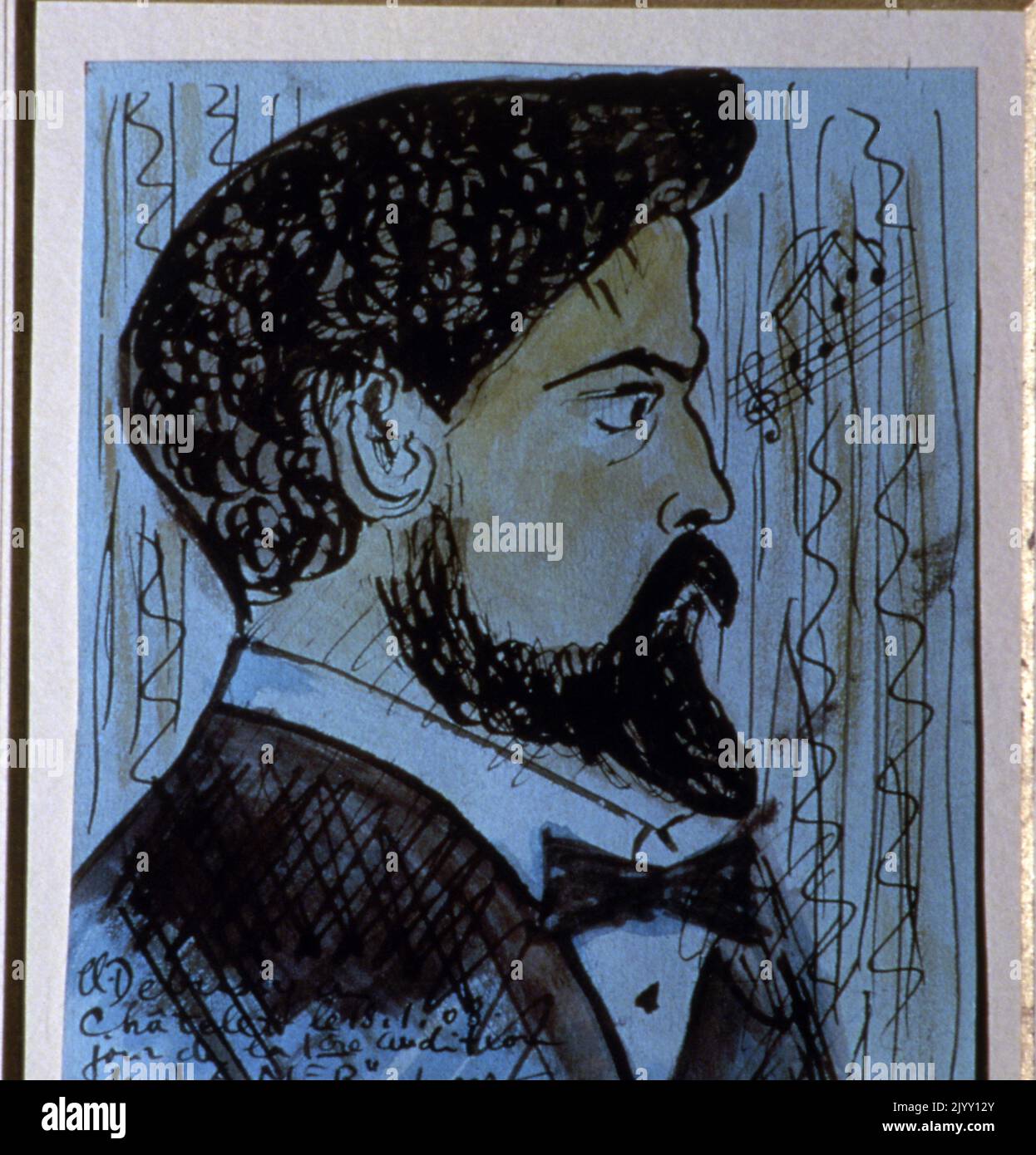 Aquarell-Porträt von Achille-Claude Debussy (1862 - 1918), französischer Komponist. Er war die prominentesten Persönlichkeiten, die mit impressionistischer Musik verbunden waren. Porträt von Theophile Alexandre Steinlen Stockfoto