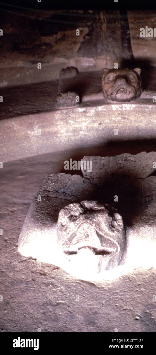 Relief aus dem Tempel in Malinalco, Mexiko. Die Azteken eroberten das Gebiet im Jahr 1470s und errichteten hier ein Heiligtum für ihre militärische Elite, die Adler- und Jaguar-Krieger. Der Komplex wurde auf dem Cerro de los Idolos (Hügel der Idole) über einem älteren zeremoniellen Ort errichtet. Stockfoto