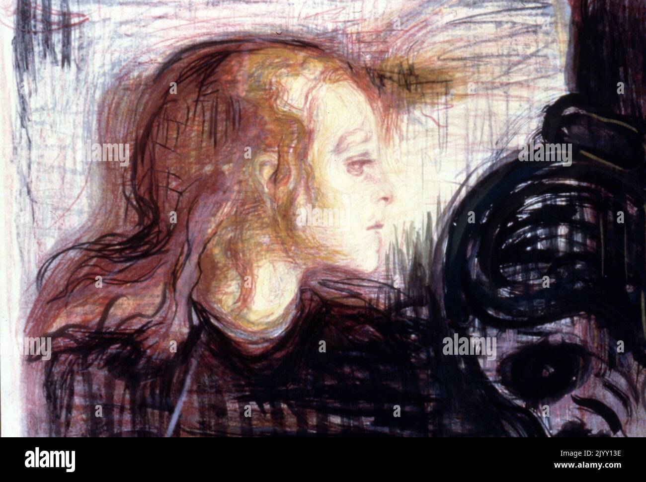 Das kranke Kind (Det syke Barn), eines von sechs Gemälden und einer Reihe von Lithographien, Trockenstellen und Radierungen, die der norwegische Künstler Edvard Munch (1863-1944) zwischen 1885 und 1926 fertigstellte. Alle haben einen Moment vor dem Tod seiner älteren Schwester Johanne Sophie (1862-1877) an Tuberkulose mit 14 Jahren aufgezeichnet Stockfoto