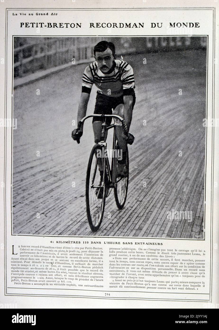 Lucien Georges Mazan (1882 - 1917); französischer Rennradfahrer (Pseudonym: Lucien Petit-Breton). Seine Karriere im Radsport begann, als er im Alter von sechzehn Jahren in einer Lotterie ein Fahrrad gewann. Sein erster bemerkenswerter Sieg war die Rennradmeisterschaft von Argentinien, aber 1902 wurde er in die französische Armee eingezogen und er zog zurück nach Frankreich. Zwei Jahre später im Jahr 1904 gewann er beim zweiten Anlauf das Bol d'Or Track Event und wurde im Vorjahr Zweiter. 1905 brach er mit 41,110 km den Weltrekord auf der Buffalo-Radstrecke in Paris. Der erste Weltkrieg beendete seine Karriere. Er trat der französischen Armee als bei Stockfoto