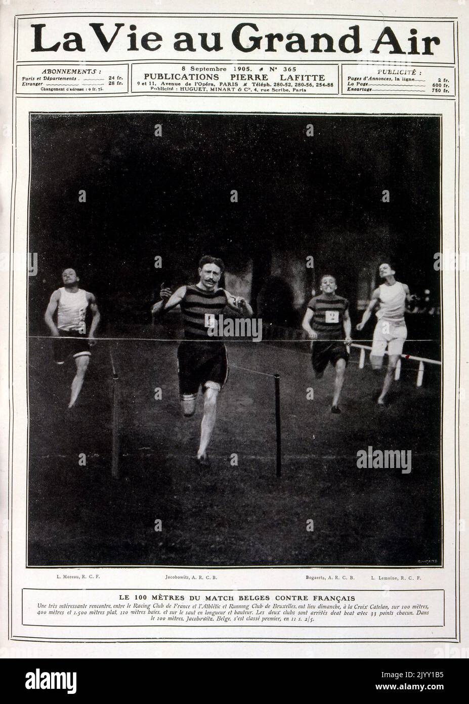 Vintage-Fotos eines Laufrennens mit 100 Metern zwischen französischen und belgischen Athleten. 1905 Stockfoto