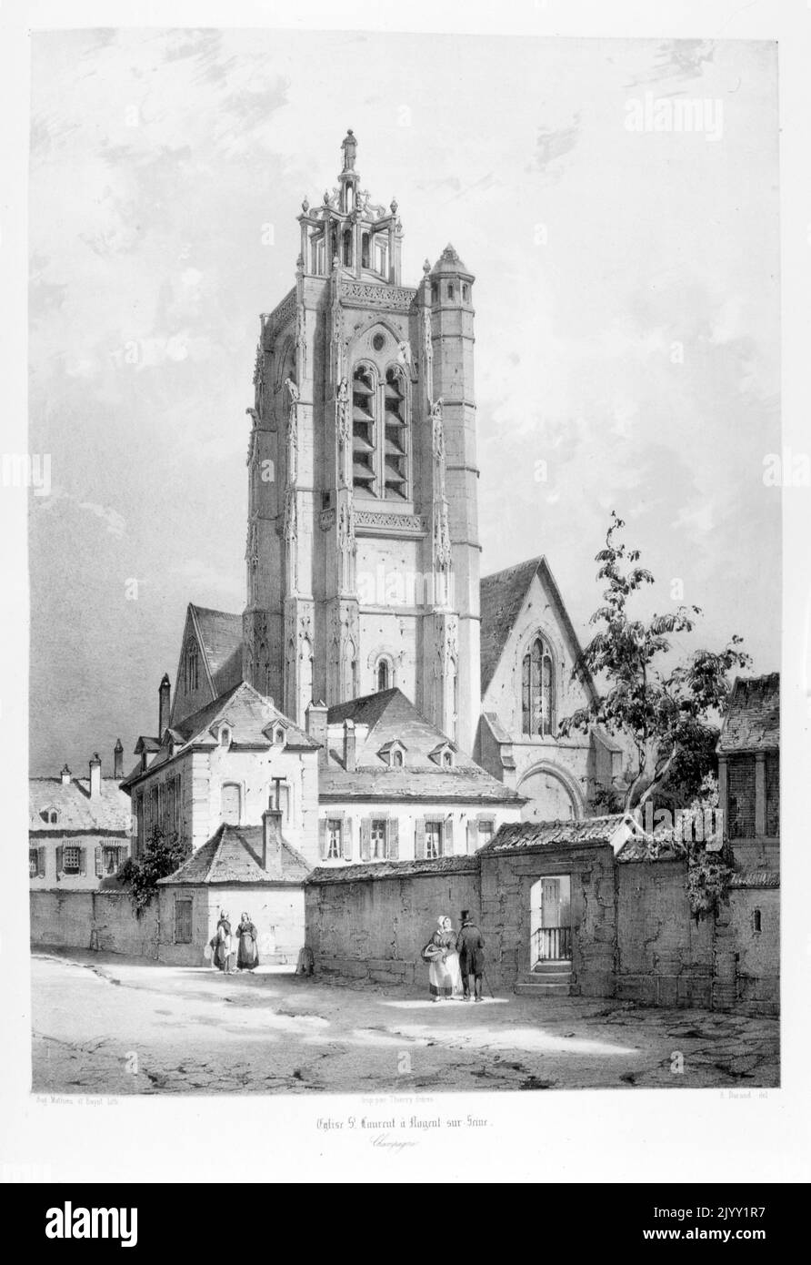 Zeichnung der katholischen Kirche Saint-Laurent in Nogent-sur-seine, Frankreich. Die Kirche befindet sich im französischen Departement Aube, in der Gemeinde Nogent-sur-seine. Es war eine Pfarrei, die dem Dekanat von Pont-sur-seine angehörte, als einzige Bischofssollegierung und am 3. September 1802 als zweitrangige Kur aufgezogen wurde. Es wurde in mehreren Etappen im fünfzehnten und sechzehnten Jahrhundert auf einem rechteckigen Plan gebaut und hat eine fünfseitige Apsis. Das Schiff mit fünf Spannweiten wurde 1500 begonnen. Stockfoto