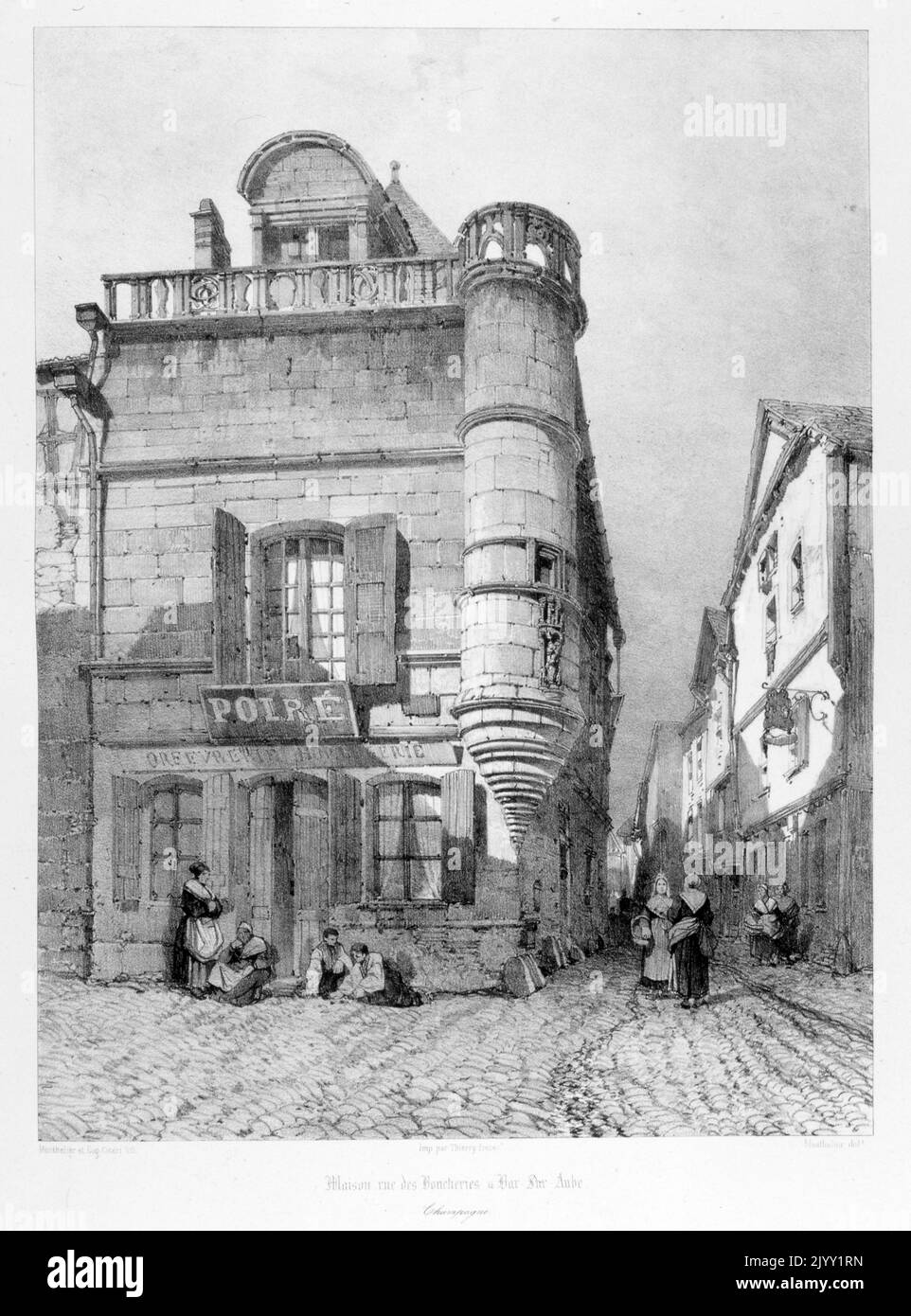 1857, Zeichnung einer Straße in Bar-sur-Aube, im Département Aube in der Region Grand Est in Frankreich. Unter Karl dem Kahlen wurden mehrere Münzsorten mit dem Namen der Stadt auf der Rückseite ausgegeben. Während der Zeit der Grafen von Champagne war die Stadt von großer Bedeutung mit den Champagnermessen, auf denen Händler aus Flandern und Italien Mitte Februar und Mitte April orientalische Gewürze und Seide gegen Textilien und Rohstoffe aus dem Norden Europas tauschten. Die Stadt wurde dann an die Krone Frankreichs angeschlossen. 1318 verkaufte Philip V. der Tall die Stadt an Jacques de Croy, die Bewohner kauften sie Stockfoto