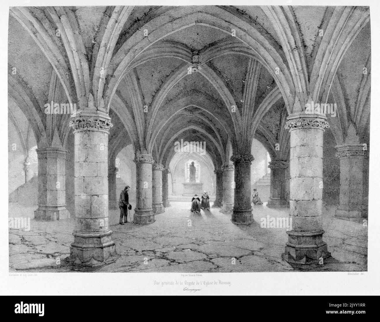 Zeichnung der Kirche Mariä Himmelfahrt in Rosnay-l'Hopital, Frankreich. Es ist auf zwei Ebenen, der untere Raum ist der älteste und hat Teile des zwölften Jahrhunderts, Nordwand und die des Ostens. Es wird 1035 erwähnt und scheint Thomas von Canterbury gewidmet zu sein. Der obere Teil hat Säulen aus dem 15.. Jahrhundert, aber ist vor allem aus dem 16. Jahrhundert. Dennoch bleiben Spuren des 12.. Jahrhunderts in der Nordwand der Kollaterale und den beiden Säulen der dritten Bucht erhalten. Stockfoto