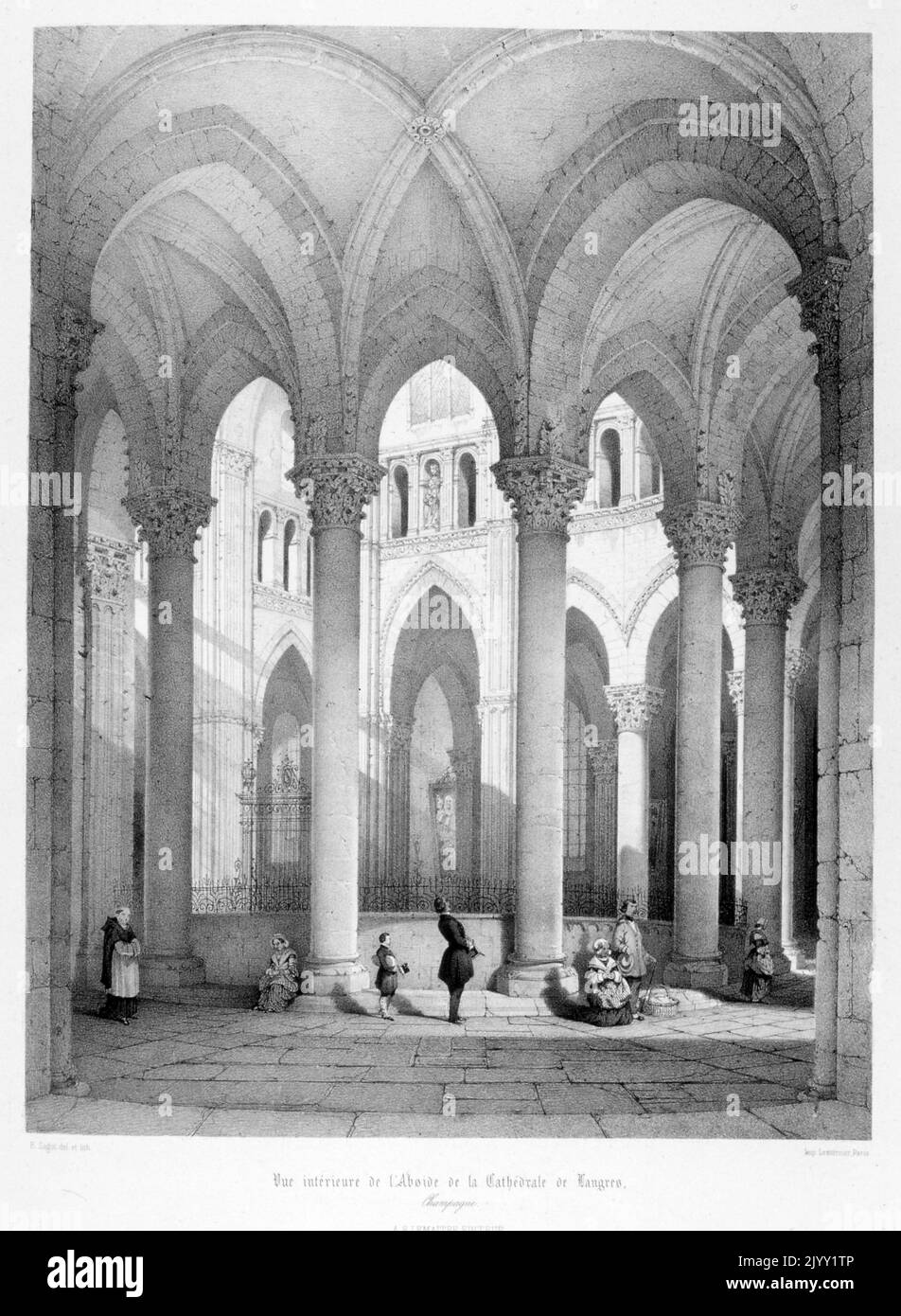 Zeichnung der mittelalterlichen Kirche von Langres, Frankreich, gezeichnet von Isidore Justin Severin Taylor, Baron Taylor 1789-1879, Künstler und Philanthropin. Stockfoto