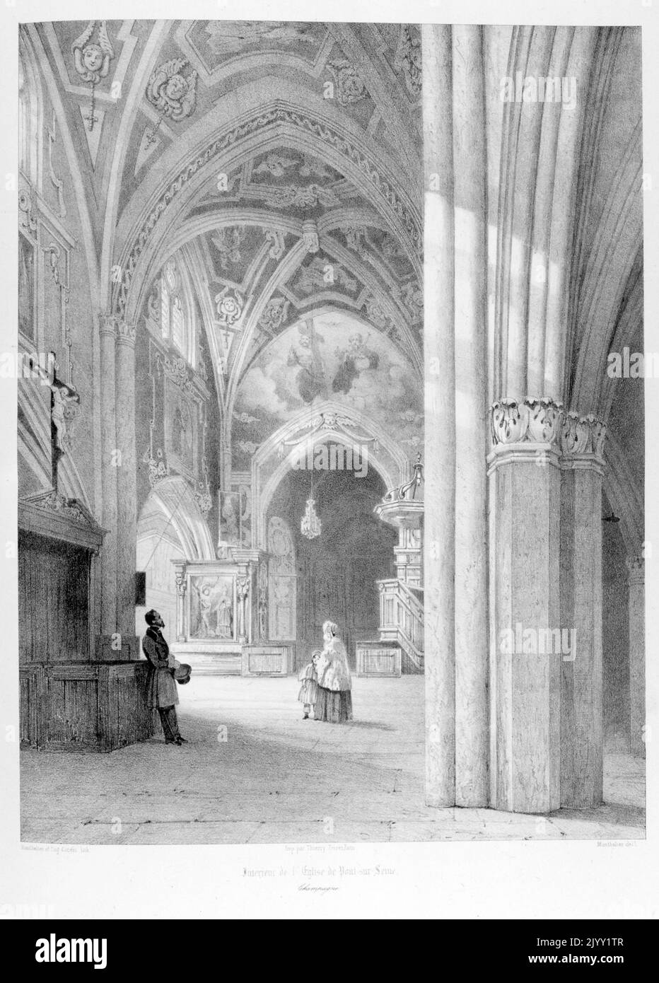 Zeichnung der Eglise de Pont-sur-seine, von Isidore Justin Severin Taylor, Baron Taylor 1789-1879, Künstler und Philanthropin. Von 'Voyages Pittoresques' 1857. Die Kirche Saint-Martin in Pont-sur-seine ist eine romanische Kirche, deren Nordturm und Querschiff aus dem 12. Jahrhundert stammen Stockfoto