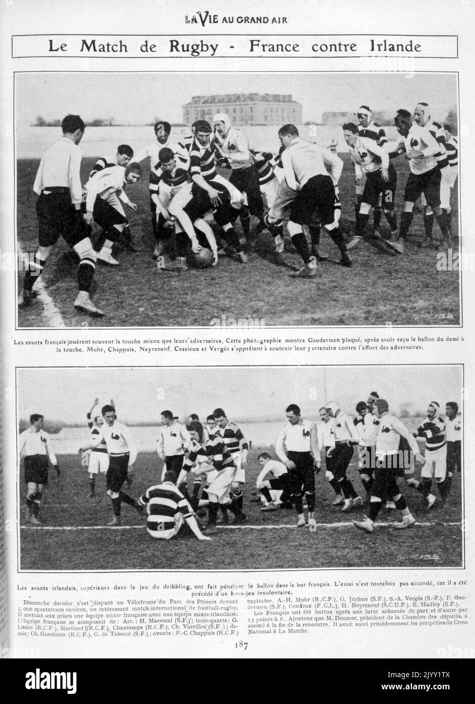 Vintage-Aufnahmen des Rugby-Spiels France V Ireland in Paris, märz 1905 Stockfoto