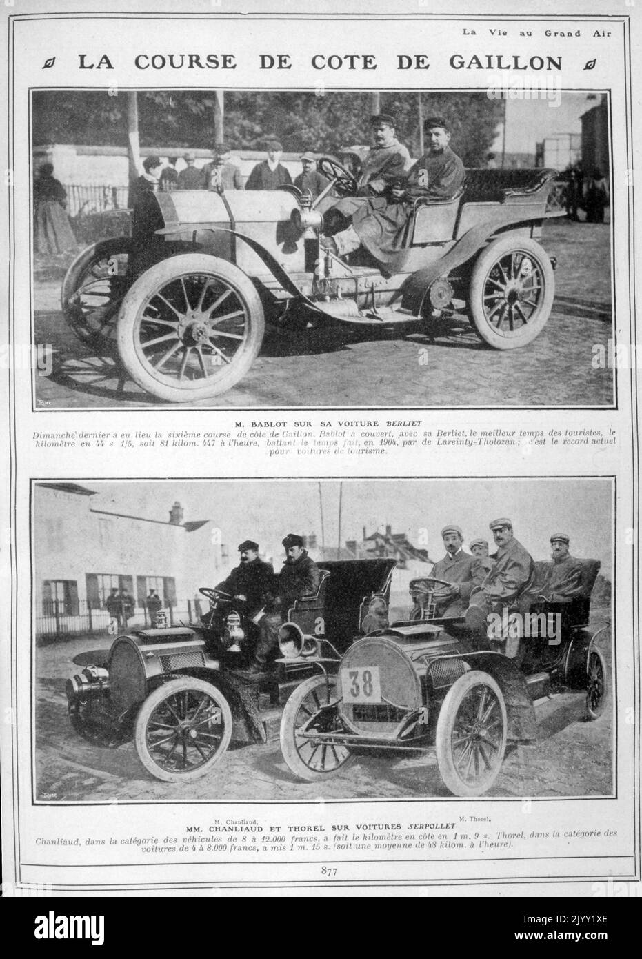 (Oben)Paul Bablot (1873 - 1932), französischer Rennwagenfahrer, in einem Berliet-Automobil und (unten) chanliaud und thorel in einem Serpolett. 1905 Stockfoto