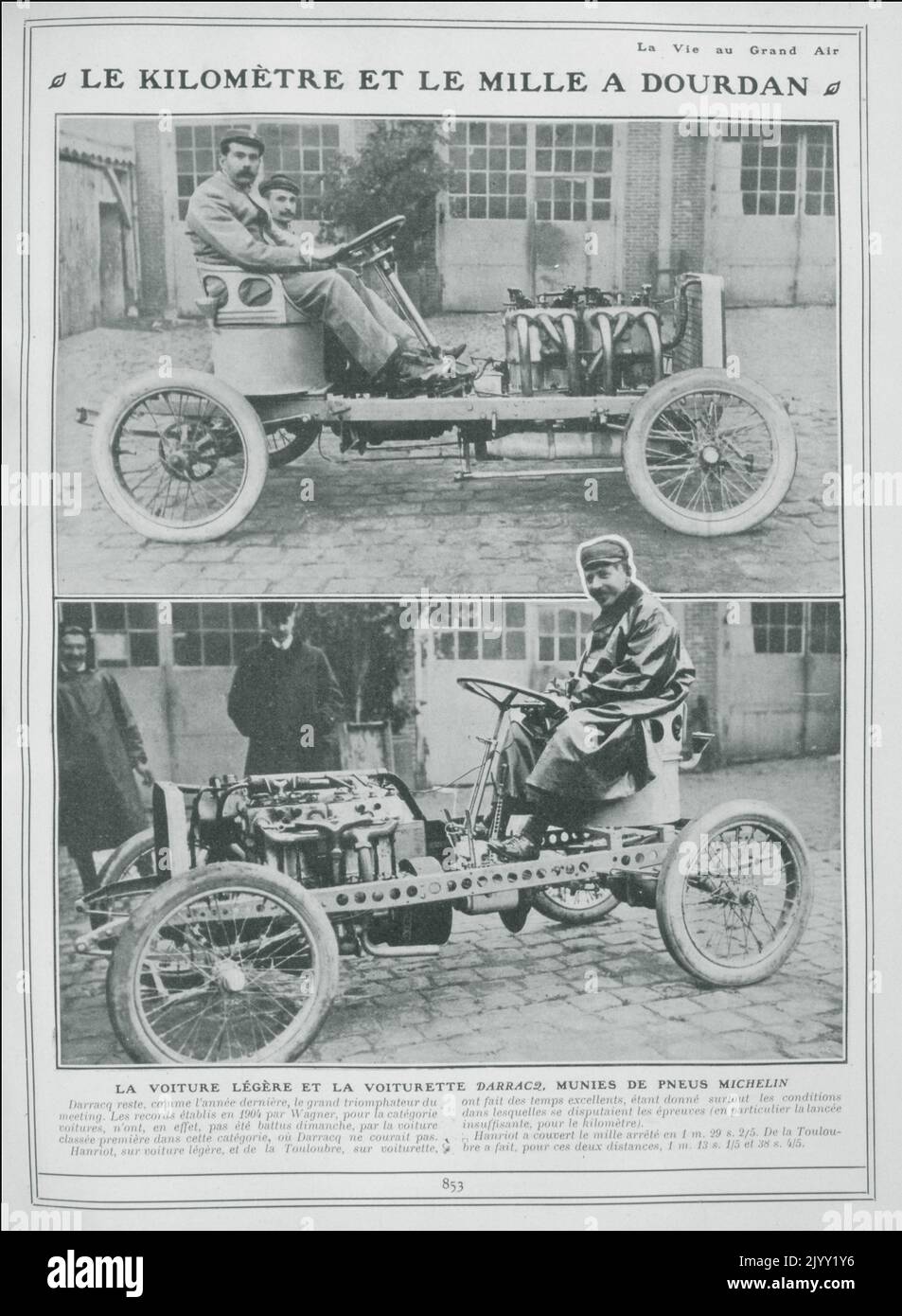 Fotos von französischen Oldtimerfahrern bei den Kilometer- und Meilenrennen des Dourdan, 1905. Es handelt sich um internationale französische Sprintwagen-Wettbewerbe, die jährlich Anfang des 20. Jahrhunderts in Dourdan (südwestlich von Paris) für zwei- und vierrädrige motorisierte Fahrzeuge ausgetragen werden Stockfoto