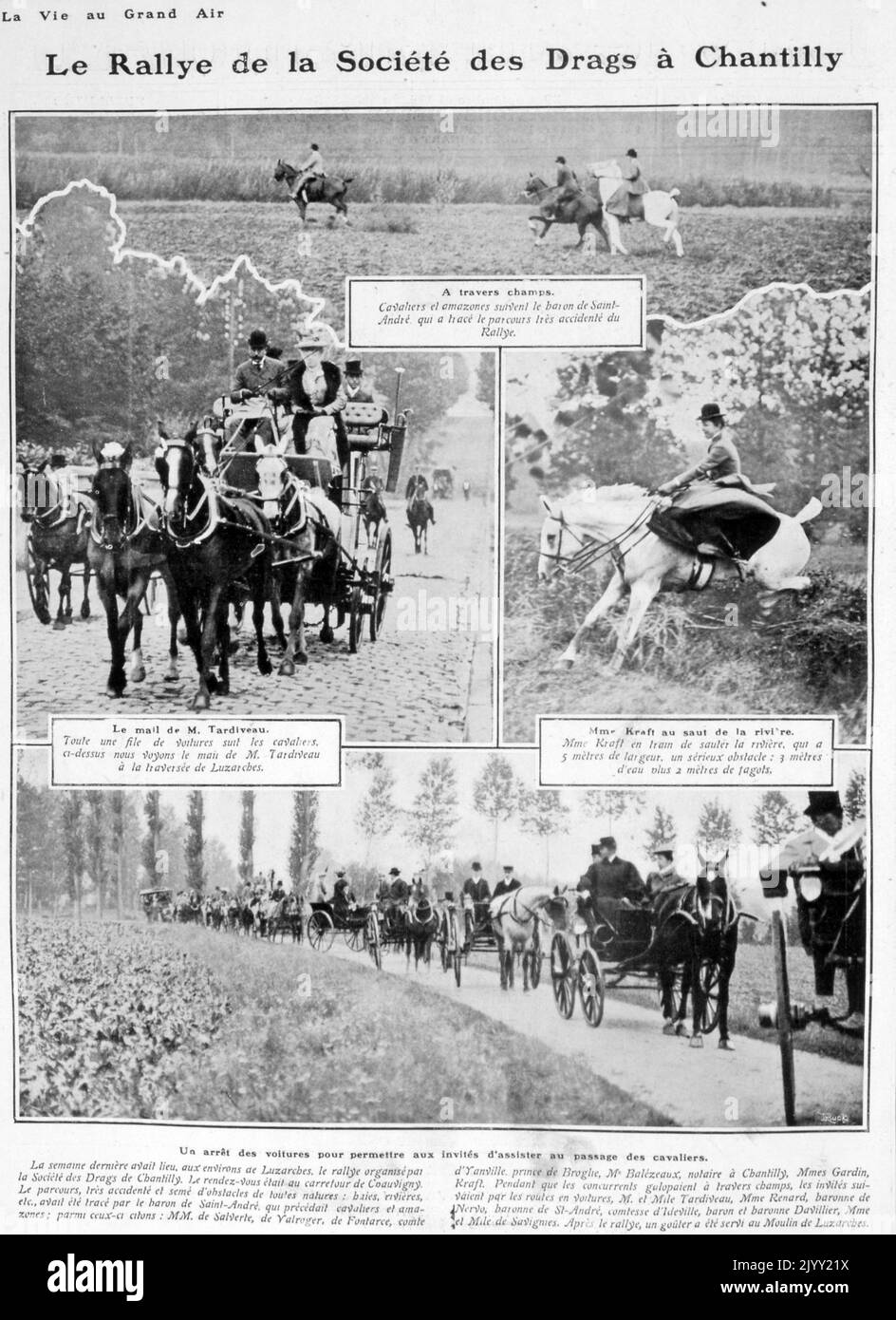 Französische Vintage-Fotos von Pferdekutschenrennen in Chantilly, Frankreich 1905 Stockfoto