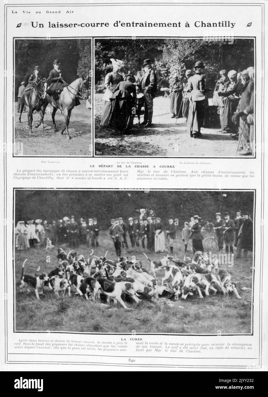 Französische Vintage-Fotografien von der Jagd in Chantilly, Frankreich 1905 Stockfoto