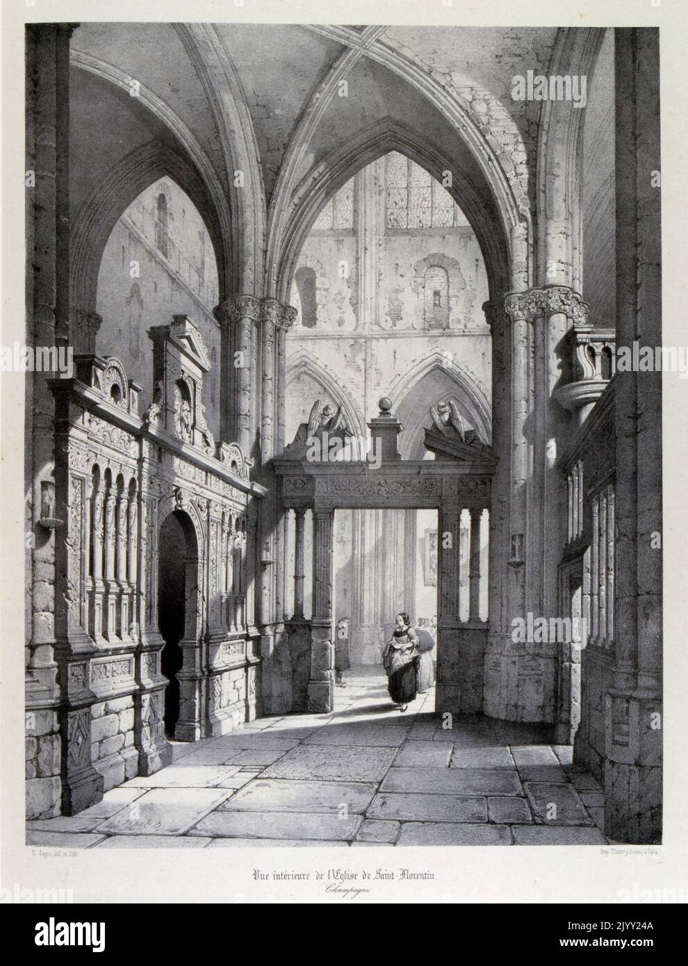 Zeichnung von L'eglise Saint-Florent (Kirche Saint-Florentin). Die Kirche stammt aus dem sechzehnten Jahrhundert. Es ist als historisches Denkmal klassifiziert. Saint-Florentin ist eine französische Gemeinde im Département Yonne in der Region Burgund-Franche-Comte. Stockfoto