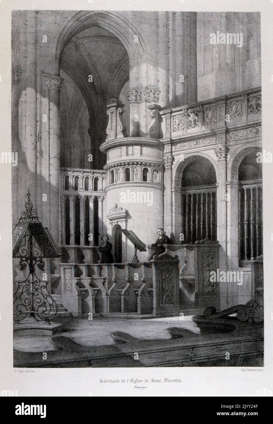 Zeichnung von L'eglise Saint-Florent (Kirche Saint-Florentin). Die Kirche stammt aus dem sechzehnten Jahrhundert. Es ist als historisches Denkmal klassifiziert. Saint-Florentin ist eine französische Gemeinde im Département Yonne in der Region Burgund-Franche-Comte. Stockfoto
