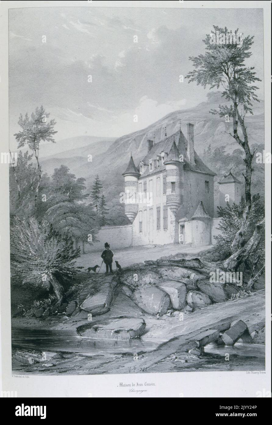 Zeichnung des Turmhauses von Jean Cousin, dem Jüngeren oder dem Sohn (1522 - 1595), französischer, manieristischer Maler. In diesem Haus, das seinen Namen trägt, hat der Künstler noch nie gelebt. Von 1873 bis 1902 wurden dort die Büros der Caisse d'Epargne installiert. Dieses Haus wurde später von der Stadt Sens im späten zwanzigsten Jahrhundert gekauft. Es ist ein Informationszentrum des kulturellen Dienstes der Gemeinde Sens, es zeigt Ausstellungen der Museen von Sens. Stockfoto