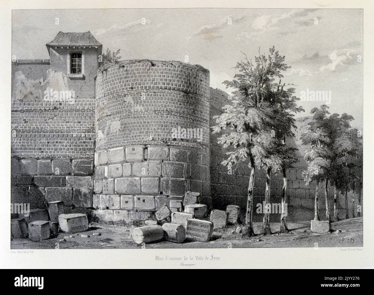 Mittelalterliche Stadtmauer von Sens; 1857France. Zeichnung von Isidore Justin Severin Taylor, Baron Taylor 1789-1879, Künstler und Philanthropin. Stockfoto