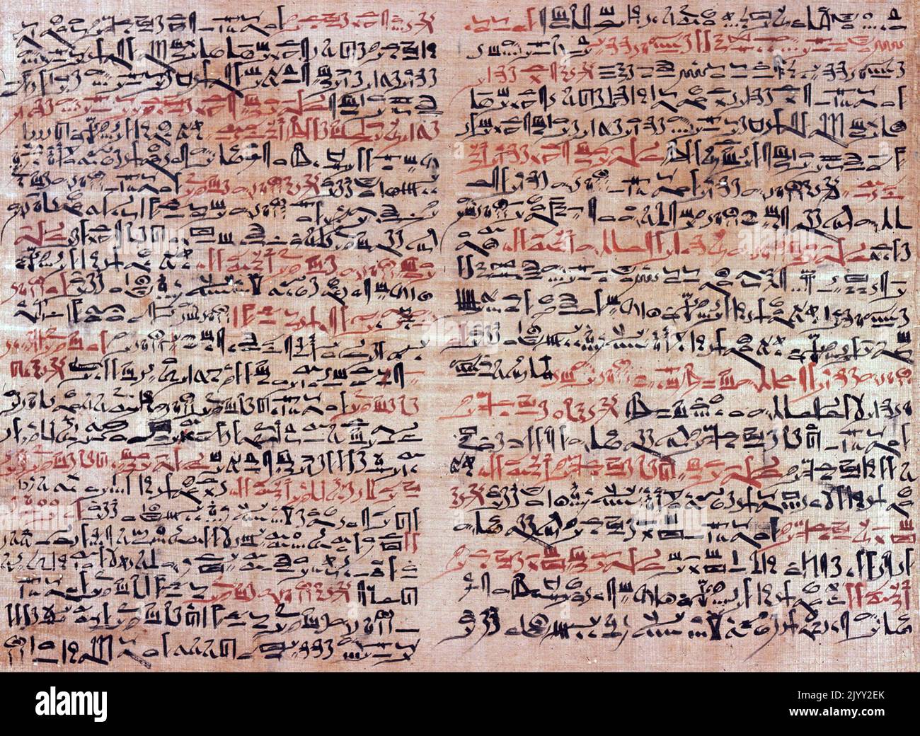 Der Edwin Smith Papyrus ist ein altägyptischer medizinischer Text, benannt nach dem Händler, der ihn 1862 kaufte, und der ältesten bekannten chirurgischen Abhandlung über Trauma. Dieses Dokument, das möglicherweise ein Handbuch der Militäroperation war, beschreibt 48 Fälle von Verletzungen, Brüchen, Wunden, Verwerfungen und Tumoren. Es stammt aus den Dynastien 16-17 der zweiten Zwischenperiode im alten Ägypten, c. 1600 V. CHR. Stockfoto