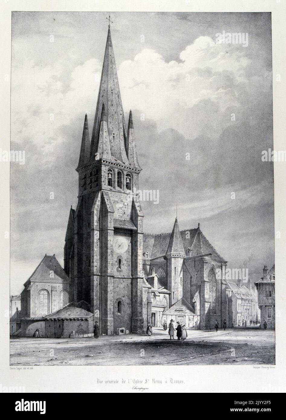 Zeichnung der Kirche Saint-Remy de Troyes, einer französischen katholischen Kirche, die sich in der Stadt Troyes im Departement Aube in der Region Champagne-Ardenne befindet. Bekannt für ihre Gemälde aus dem 16. Und 17. Jahrhundert sowie für ihre Buntglasfenster aus dem 19. Und frühen 20. Jahrhundert. Stockfoto