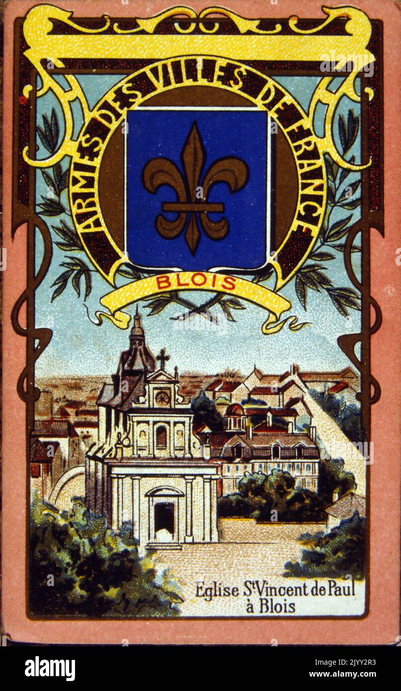Chromolithographie (1895), zeigt das Wappen und eine Ansicht der französischen Stadt Blois Stockfoto