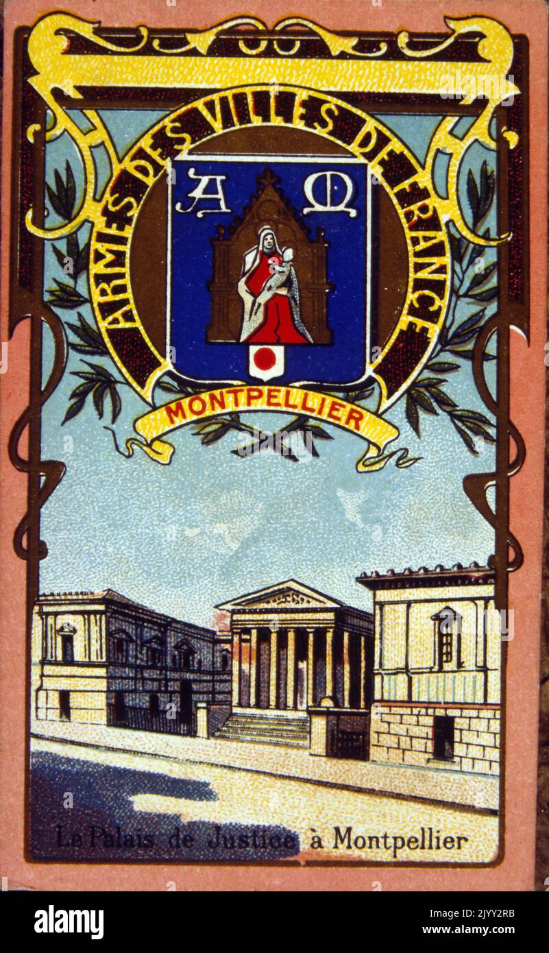 Chromolithographie (1895), zeigt das Wappen und eine Ansicht der französischen Stadt Montpellier Stockfoto